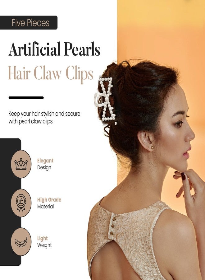 Merdia 5 PCS Simulated Pearl Hair Claw Clips for Women | Multi-Use Barrettes for Thin Hair with Non-Slip Strong Hold | Barrettes for Thick & Curly Hair Accessories | Flat Claw Clips for Women, Off-White - Image 5